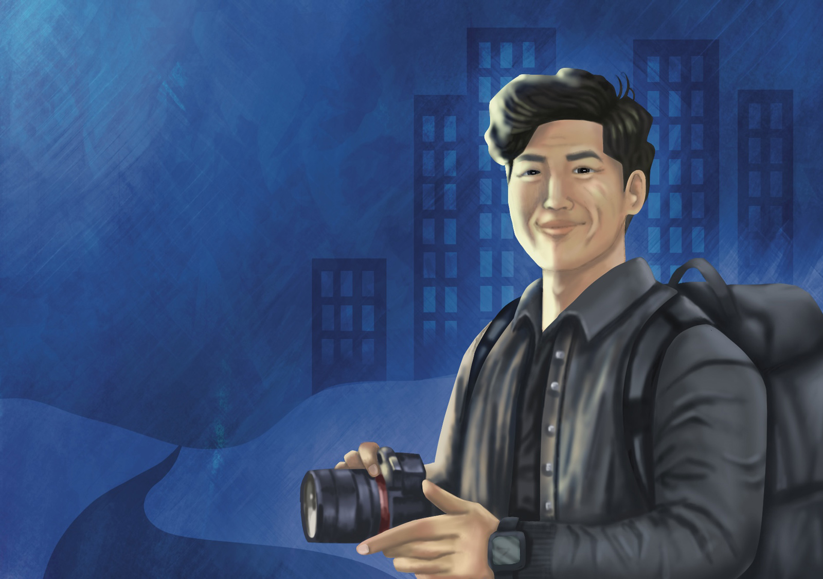 Portrait illustration of Uytae Lee against a cityscape background